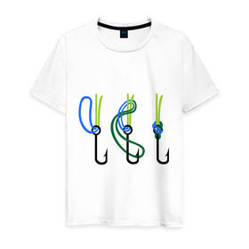Мужская футболка хлопок с принтом Рыболовный узел в Санкт-Петербурге, 100% хлопок | прямой крой, круглый вырез горловины, длина до линии бедер, слегка спущенное плечо. | крючок | ноживка | рыбаку | рыбалка | рыболов | удочка
