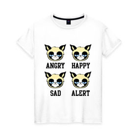 Женская футболка хлопок с принтом Mood Cat в Санкт-Петербурге, 100% хлопок | прямой крой, круглый вырез горловины, длина до линии бедер, слегка спущенное плечо | alert | angry | happy | mood cat | sad