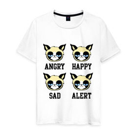 Мужская футболка хлопок с принтом Mood Cat в Санкт-Петербурге, 100% хлопок | прямой крой, круглый вырез горловины, длина до линии бедер, слегка спущенное плечо. | alert | angry | happy | mood cat | sad