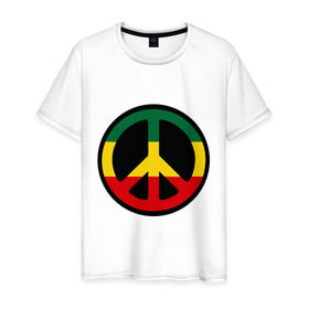Мужская футболка хлопок с принтом Peace simbol в Санкт-Петербурге, 100% хлопок | прямой крой, круглый вырез горловины, длина до линии бедер, слегка спущенное плечо. | reggae | мир | раста | растафари