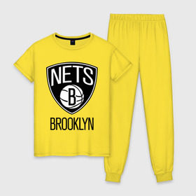 Женская пижама хлопок с принтом Nets Brooklyn в Санкт-Петербурге, 100% хлопок | брюки и футболка прямого кроя, без карманов, на брюках мягкая резинка на поясе и по низу штанин | бруклин