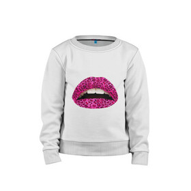 Детский свитшот хлопок с принтом Pink leopard lips в Санкт-Петербурге, 100% хлопок | круглый вырез горловины, эластичные манжеты, пояс и воротник | lips | губы | леопард | помада | поцелуй