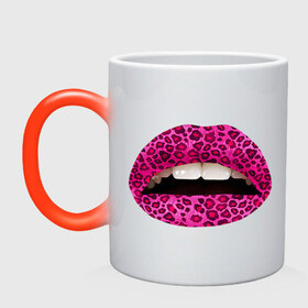 Кружка хамелеон с принтом Pink leopard lips в Санкт-Петербурге, керамика | меняет цвет при нагревании, емкость 330 мл | lips | губы | леопард | помада | поцелуй