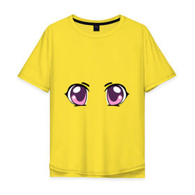Мужская футболка хлопок Oversize с принтом Фиолетовые аниме глаза в Санкт-Петербурге, 100% хлопок | свободный крой, круглый ворот, “спинка” длиннее передней части | anime | взгляд | лицо