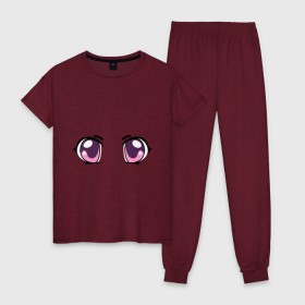 Женская пижама хлопок с принтом Фиолетовые аниме глаза в Санкт-Петербурге, 100% хлопок | брюки и футболка прямого кроя, без карманов, на брюках мягкая резинка на поясе и по низу штанин | anime | взгляд | лицо