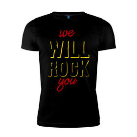 Мужская футболка премиум с принтом We will rock you! в Санкт-Петербурге, 92% хлопок, 8% лайкра | приталенный силуэт, круглый вырез ворота, длина до линии бедра, короткий рукав | Тематика изображения на принте: freddie mercury | queen | классический рок | куин | рок группа | фредди меркьюри