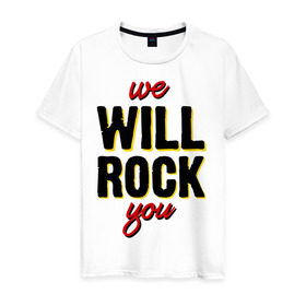 Мужская футболка хлопок с принтом We will rock you! в Санкт-Петербурге, 100% хлопок | прямой крой, круглый вырез горловины, длина до линии бедер, слегка спущенное плечо. | freddie mercury | queen | классический рок | куин | рок группа | фредди меркьюри