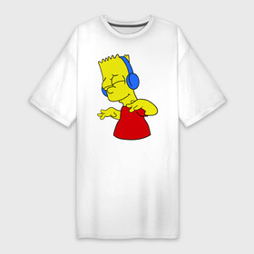 Платье-футболка хлопок с принтом Барт в наушниках в Санкт-Петербурге,  |  | Тематика изображения на принте: bart | bart simpson | simpsons | барт в наушниках | барт симпсон | голова барта | симпсоны | симсоны