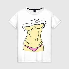 Женская футболка хлопок с принтом Женские прелести в Санкт-Петербурге, 100% хлопок | прямой крой, круглый вырез горловины, длина до линии бедер, слегка спущенное плечо | голое тело | грудь | девушка | живот | пресс | тело | фигура