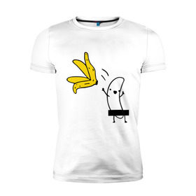 Мужская футболка премиум с принтом Банан стриптизер в Санкт-Петербурге, 92% хлопок, 8% лайкра | приталенный силуэт, круглый вырез ворота, длина до линии бедра, короткий рукав | кожура | одежда | прикольная картинка | раздеваться | фрукт | юмор