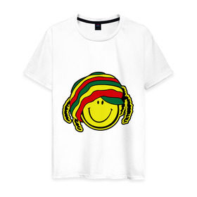 Мужская футболка хлопок с принтом Cмайл-растаман в Санкт-Петербурге, 100% хлопок | прямой крой, круглый вырез горловины, длина до линии бедер, слегка спущенное плечо. | дреды | настроение | позитив | раста | смайлик | улыбка