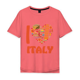 Мужская футболка хлопок Oversize с принтом Я люблю Италию в Санкт-Петербурге, 100% хлопок | свободный крой, круглый ворот, “спинка” длиннее передней части | Тематика изображения на принте: башня пейзанская | италия | колизей | пицца | я люблю италию