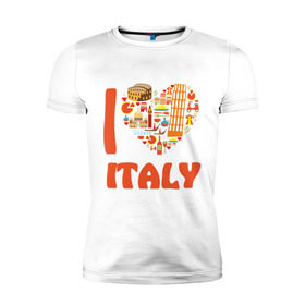 Мужская футболка премиум с принтом Я люблю Италию в Санкт-Петербурге, 92% хлопок, 8% лайкра | приталенный силуэт, круглый вырез ворота, длина до линии бедра, короткий рукав | Тематика изображения на принте: башня пейзанская | италия | колизей | пицца | я люблю италию