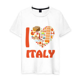 Мужская футболка хлопок с принтом Я люблю Италию в Санкт-Петербурге, 100% хлопок | прямой крой, круглый вырез горловины, длина до линии бедер, слегка спущенное плечо. | Тематика изображения на принте: башня пейзанская | италия | колизей | пицца | я люблю италию