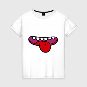 Женская футболка хлопок с принтом Зубастый рот и язычок в Санкт-Петербурге, 100% хлопок | прямой крой, круглый вырез горловины, длина до линии бедер, слегка спущенное плечо | зубастый | зубастый рот | зубастый рот и язычок | рот | рот язычок | язычок