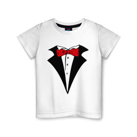Детская футболка хлопок с принтом Смокинг и красная бабочка в Санкт-Петербурге, 100% хлопок | круглый вырез горловины, полуприлегающий силуэт, длина до линии бедер | смокинг