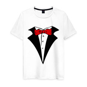 Мужская футболка хлопок с принтом Смокинг и красная бабочка в Санкт-Петербурге, 100% хлопок | прямой крой, круглый вырез горловины, длина до линии бедер, слегка спущенное плечо. | Тематика изображения на принте: смокинг