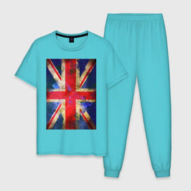 Мужская пижама хлопок с принтом Флаг Британии в цветах в Санкт-Петербурге, 100% хлопок | брюки и футболка прямого кроя, без карманов, на брюках мягкая резинка на поясе и по низу штанин
 | англия | британский флаг | великобритания | флаг великобритании