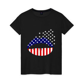 Женская футболка хлопок с принтом Американские губы в Санкт-Петербурге, 100% хлопок | прямой крой, круглый вырез горловины, длина до линии бедер, слегка спущенное плечо | американский флаг | губы | флаг америки | флаг сша