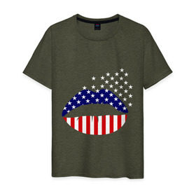 Мужская футболка хлопок с принтом Американские губы в Санкт-Петербурге, 100% хлопок | прямой крой, круглый вырез горловины, длина до линии бедер, слегка спущенное плечо. | американский флаг | губы | флаг америки | флаг сша