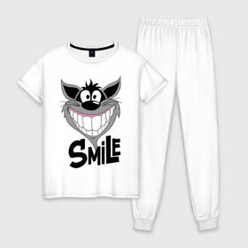 Женская пижама хлопок с принтом Улыбка Smile в Санкт-Петербурге, 100% хлопок | брюки и футболка прямого кроя, без карманов, на брюках мягкая резинка на поясе и по низу штанин | smile | волк | смайл | смайлик | улыбка
