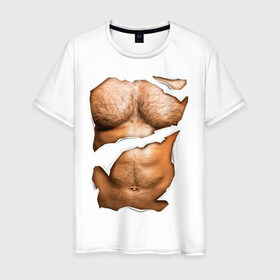Мужская футболка хлопок с принтом Мужской пресс в Санкт-Петербурге, 100% хлопок | прямой крой, круглый вырез горловины, длина до линии бедер, слегка спущенное плечо. | body | волосатая грудь | волосатое тело | мужское тело | тело | торс