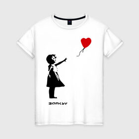 Женская футболка хлопок с принтом Девочка с шариком-сердечком в Санкт-Петербурге, 100% хлопок | прямой крой, круглый вырез горловины, длина до линии бедер, слегка спущенное плечо | banksy | бенкси | бэнкси | графити | граффити | девочка с сердечком | девочка с шариком | девочка с шариком сердечком | стрит арт | стритарт