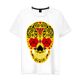 Мужская футболка хлопок с принтом Flower Skull в Санкт-Петербурге, 100% хлопок | прямой крой, круглый вырез горловины, длина до линии бедер, слегка спущенное плечо. | skull | цветочный орнамент | цветы | череп | черепа
