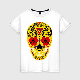 Женская футболка хлопок с принтом Flower Skull в Санкт-Петербурге, 100% хлопок | прямой крой, круглый вырез горловины, длина до линии бедер, слегка спущенное плечо | skull | цветочный орнамент | цветы | череп | черепа
