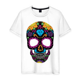 Мужская футболка хлопок с принтом Skull mexica в Санкт-Петербурге, 100% хлопок | прямой крой, круглый вырез горловины, длина до линии бедер, слегка спущенное плечо. | skull | мексика | мексиканский череп | череп | черепа