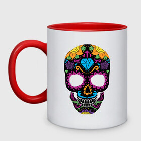 Кружка двухцветная с принтом Skull mexica в Санкт-Петербурге, керамика | объем — 330 мл, диаметр — 80 мм. Цветная ручка и кайма сверху, в некоторых цветах — вся внутренняя часть | skull | мексика | мексиканский череп | череп | черепа