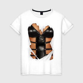 Женская футболка хлопок с принтом Leather underwear в Санкт-Петербурге, 100% хлопок | прямой крой, круглый вырез горловины, длина до линии бедер, слегка спущенное плечо | woman body | белье | грудь | женское тело | нижнее белье | подарок жене | тело