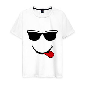 Мужская футболка хлопок с принтом Мы на позитиве (язык справа) в Санкт-Петербурге, 100% хлопок | прямой крой, круглый вырез горловины, длина до линии бедер, слегка спущенное плечо. | smile | очки | парные | позитив | смайл