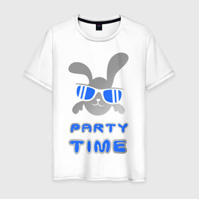 Мужская футболка хлопок с принтом It\`s party time в Санкт-Петербурге, 100% хлопок | прямой крой, круглый вырез горловины, длина до линии бедер, слегка спущенное плечо. | вечеринка | зайчик | заяц | клубные | очки | тусовка