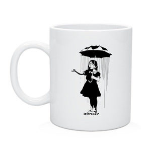 Кружка с принтом Girl in rain (Banksy) в Санкт-Петербурге, керамика | объем — 330 мл, диаметр — 80 мм. Принт наносится на бока кружки, можно сделать два разных изображения | Тематика изображения на принте: бэнкси | граффити | девочка | дождь | зонт
