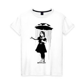 Женская футболка хлопок с принтом Girl in rain (Banksy) в Санкт-Петербурге, 100% хлопок | прямой крой, круглый вырез горловины, длина до линии бедер, слегка спущенное плечо | бэнкси | граффити | девочка | дождь | зонт