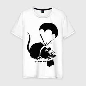 Мужская футболка хлопок с принтом Parachute rat (Banksy) в Санкт-Петербурге, 100% хлопок | прямой крой, круглый вырез горловины, длина до линии бедер, слегка спущенное плечо. | бэнкси | граффити | грызун | мышь | парашют
