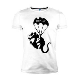 Мужская футболка премиум с принтом Rat with parachute (Banksy) в Санкт-Петербурге, 92% хлопок, 8% лайкра | приталенный силуэт, круглый вырез ворота, длина до линии бедра, короткий рукав | бэнкси | граффити | грызун | животные | хомяк с парашютом
