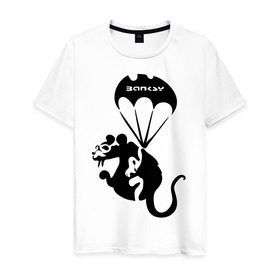 Мужская футболка хлопок с принтом Rat with parachute (Banksy) в Санкт-Петербурге, 100% хлопок | прямой крой, круглый вырез горловины, длина до линии бедер, слегка спущенное плечо. | бэнкси | граффити | грызун | животные | хомяк с парашютом