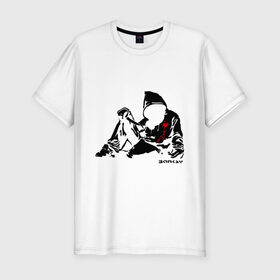 Мужская футболка премиум с принтом Раненый парень (Banksy) в Санкт-Петербурге, 92% хлопок, 8% лайкра | приталенный силуэт, круглый вырез ворота, длина до линии бедра, короткий рукав | бэнкси | граффити | кровь | парень | рана | силуэт