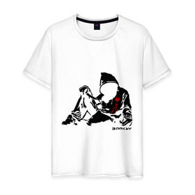 Мужская футболка хлопок с принтом Раненый парень (Banksy) в Санкт-Петербурге, 100% хлопок | прямой крой, круглый вырез горловины, длина до линии бедер, слегка спущенное плечо. | Тематика изображения на принте: бэнкси | граффити | кровь | парень | рана | силуэт