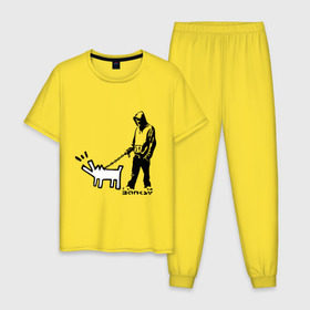 Мужская пижама хлопок с принтом Парень с собакой (Banksy) в Санкт-Петербурге, 100% хлопок | брюки и футболка прямого кроя, без карманов, на брюках мягкая резинка на поясе и по низу штанин
 | Тематика изображения на принте: dog | бэнкси | граффити | собака