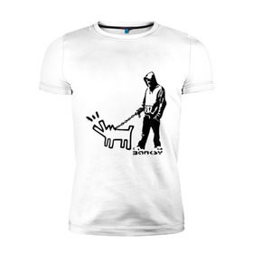 Мужская футболка премиум с принтом Парень с собакой (Banksy) в Санкт-Петербурге, 92% хлопок, 8% лайкра | приталенный силуэт, круглый вырез ворота, длина до линии бедра, короткий рукав | Тематика изображения на принте: dog | бэнкси | граффити | собака