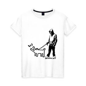 Женская футболка хлопок с принтом Парень с собакой (Banksy) в Санкт-Петербурге, 100% хлопок | прямой крой, круглый вырез горловины, длина до линии бедер, слегка спущенное плечо | dog | бэнкси | граффити | собака