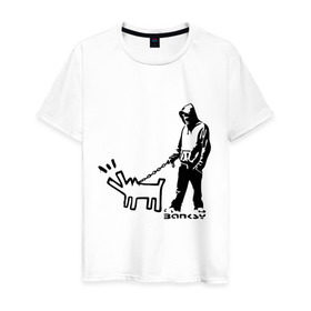 Мужская футболка хлопок с принтом Парень с собакой (Banksy) в Санкт-Петербурге, 100% хлопок | прямой крой, круглый вырез горловины, длина до линии бедер, слегка спущенное плечо. | dog | бэнкси | граффити | собака