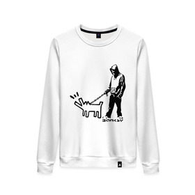 Женский свитшот хлопок с принтом Парень с собакой (Banksy) в Санкт-Петербурге, 100% хлопок | прямой крой, круглый вырез, на манжетах и по низу широкая трикотажная резинка  | dog | бэнкси | граффити | собака