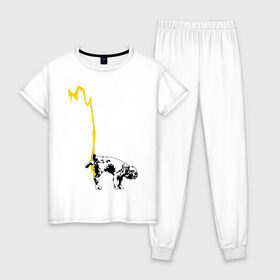 Женская пижама хлопок с принтом Peeing dog (Banksy) в Санкт-Петербурге, 100% хлопок | брюки и футболка прямого кроя, без карманов, на брюках мягкая резинка на поясе и по низу штанин | бульдог | бэнкси | граффити | собака