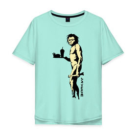 Мужская футболка хлопок Oversize с принтом Древний человек Бэнкси в Санкт-Петербурге, 100% хлопок | свободный крой, круглый ворот, “спинка” длиннее передней части | бэнкси | граффити | неандерталец | примат