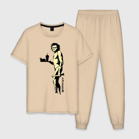 Мужская пижама хлопок с принтом Древний человек Бэнкси в Санкт-Петербурге, 100% хлопок | брюки и футболка прямого кроя, без карманов, на брюках мягкая резинка на поясе и по низу штанин
 | бэнкси | граффити | неандерталец | примат