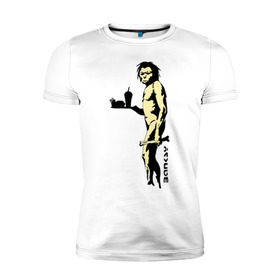 Мужская футболка премиум с принтом Древний человек Бэнкси в Санкт-Петербурге, 92% хлопок, 8% лайкра | приталенный силуэт, круглый вырез ворота, длина до линии бедра, короткий рукав | бэнкси | граффити | неандерталец | примат